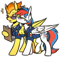 Size: 769x732 | Tagged: safe, artist:ak4neh, imported from derpibooru, spitfire, oc, oc:retro city, pegasus, pony, blushing, canon x oc, clothes, commission, couple, female, lesbian, mare, retrofire, shipping, simple background, spitfire's whistle, sunglasses, transparent background, uniform, whistle, wonderbolts dress uniform