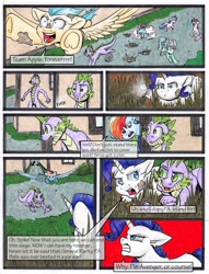 Size: 1950x2550 | Tagged: safe, artist:tillie-tmb, imported from derpibooru, amethyst star, lyra heartstrings, rainbow dash, rarity, sparkler, spike, sunshower raindrops, trixie, twinkleshine, pony, comic:the amulet of shades, comic, food, magic, older, older spike, pie, traditional art