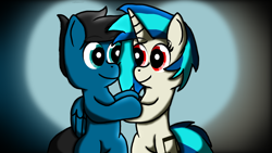 Size: 3840x2160 | Tagged: safe, artist:agkandphotomaker2000, imported from derpibooru, dj pon-3, vinyl scratch, oc, oc:pony video maker, pegasus, pony, unicorn, bipedal, canon x oc, duo, female, heart, holding hooves, love stare, male, videoscratch