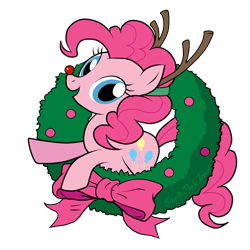 Size: 1712x1712 | Tagged: safe, artist:southparktaoist, deleted from derpibooru, imported from derpibooru, pinkie pie, earth pony, pony, antlers, bowtie, christmas, christmas wreath, fake antlers, female, holiday, mare, red nose, red nosed, reindeer antlers, simple background, solo, transparent background, wreath