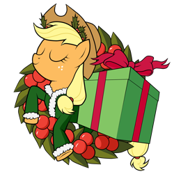 Size: 1712x1712 | Tagged: safe, artist:southparktaoist, deleted from derpibooru, imported from derpibooru, applejack, earth pony, pony, a christmas carol, christmas, christmas wreath, eyes closed, female, holiday, holly, mare, present, simple background, solo, transparent background, wreath