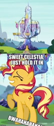 Size: 500x1172 | Tagged: safe, edit, edited screencap, imported from derpibooru, screencap, sunset shimmer, pony, equestria girls, equestria girls series, spoiler:eqg series (season 2), caption, female, image macro, laughing, meme, middle finger, solo, stifling laughter, text, twilight's castle, vulgar