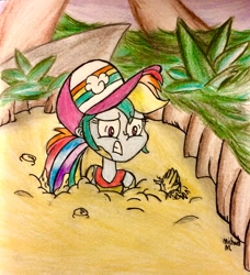 Size: 2356x2584 | Tagged: dead source, safe, artist:michaelmaddox222, imported from derpibooru, rainbow dash, equestria girls, equestria girls series, spring breakdown, spoiler:eqg series (season 2), clothes, colored, female, hat, lineart, looking down, pencil drawing, plant, quicksand, rock, scene interpretation, signature, sleeveless, solo, stuck, tanktop, traditional art, tree, worried