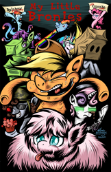 Size: 1398x2160 | Tagged: safe, artist:southparktaoist, deleted from derpibooru, imported from derpibooru, applejack, pinkie pie, princess celestia, rainbow dash, sweetie belle, oc, oc:fluffle puff, alicorn, earth pony, pegasus, pony, robot, .mov, apple.mov, fanfic:cupcakes, fanfic:rainbow factory, princess molestia, banana, big apple ponycon, convention, fandom, female, food, mare, ponycon, poster, sarge sprinkles, sweetie bot