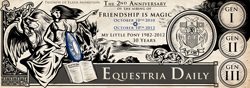 Size: 3800x1330 | Tagged: safe, artist:southparktaoist, deleted from derpibooru, imported from derpibooru, princess celestia, alicorn, human, pony, equestria daily, anniversary, banner, female, grayscale, mare, mlp fim's second anniversary, monochrome, text, woman