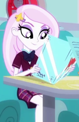 Size: 225x346 | Tagged: safe, imported from derpibooru, screencap, fleur-de-lis, equestria girls, five stars, spoiler:eqg series (season 2), clothes, cropped, crystal prep academy uniform, female, school uniform, sitting, smiling, sweet snacks cafe