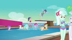 Size: 1920x1080 | Tagged: safe, imported from derpibooru, screencap, baewatch, drama letter, lyra heartstrings, microchips, paisley, pinkie pie, starlight, starshine, watermelody, equestria girls, equestria girls series, spring breakdown, spoiler:eqg series (season 2), background human, clothes, feet, female, glasses, legs, lifeguard, male, one-piece swimsuit, sandals, swimming pool, swimsuit