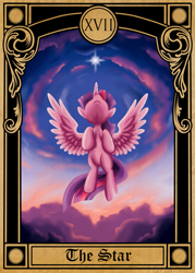 Size: 875x1225 | Tagged: safe, artist:southparktaoist, deleted from derpibooru, imported from derpibooru, twilight sparkle, alicorn, pony, cloud, cloudy, female, flying, mare, nose in the air, sky, solo, stars, tarot card, twilight sparkle (alicorn)