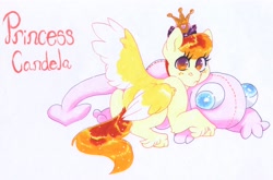 Size: 3512x2311 | Tagged: safe, artist:frozensoulpony, imported from derpibooru, oc, oc only, oc:candela, pegasus, pony, cloven hooves, female, filly, magical lesbian spawn, offspring, parent:princess celestia, parent:spitfire, parent:spitlestia, solo, traditional art
