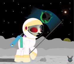 Size: 2932x2550 | Tagged: safe, artist:wheatley r.h., imported from derpibooru, oc, oc only, earth pony, pony, skeleton pony, comic:sturdy oddity, astronaut, bone, cosmonaut, crack, ether tank, flag, living dead, moon, nitrogen tank, on the moon, red eyes, rock, single panel, skeleton, solo, space, spacesuit, sparkles, stars, vector, watermark
