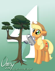 Size: 800x1035 | Tagged: safe, artist:omny87, imported from derpibooru, applejack, earth pony, pony, season 9, 4, applejack's hat, countdown, cowboy hat, female, freckles, hat, hype, mare, mouth hold, solo, tree, watering can