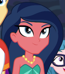 Size: 537x620 | Tagged: safe, imported from derpibooru, screencap, desert sage, flash sentry, technicolor waves, equestria girls, equestria girls series, spring breakdown, spoiler:eqg series (season 2), all good (song), background human, bare shoulders, bustier, cropped, female, jewelry, necklace, offscreen character, sleeveless, solo focus, strapless, tube top