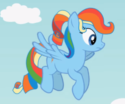 Size: 407x339 | Tagged: safe, imported from derpibooru, screencap, rainbow dash, rarity, pony, alternate hairstyle, body swap, cloud, eye swap, female, flying, let's switch bodies, mare, solo