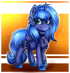 Size: 997x1043 | Tagged: safe, artist:deraniel, imported from derpibooru, princess luna, alicorn, pony, cheek fluff, chest fluff, cute, ear fluff, eye clipping through hair, female, hoof shoes, jewelry, leg fluff, lunabetes, necklace, s1 luna, solo