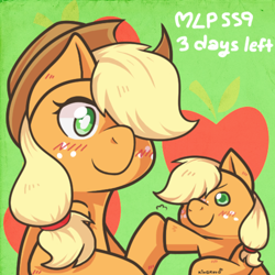 Size: 500x500 | Tagged: safe, artist:kingkero, imported from derpibooru, applejack, earth pony, pony, season 9, blushing, colored pupils, countdown, cowboy hat, cute, cutie mark background, duality, female, filly, filly applejack, hair over one eye, hat, hoofbump, hype, jackabetes, mare, season 9 countdown, self ponidox, younger