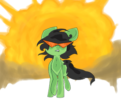 Size: 657x541 | Tagged: artist needed, safe, imported from derpibooru, oc, oc only, oc:filly anon, earth pony, pony, badass, chest fluff, explosion, female, filly, kamina sunglasses, raised hoof, smoke, walking away from explosion, wide hips