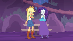 Size: 1920x1080 | Tagged: safe, artist:starman1999, edit, edited screencap, imported from derpibooru, screencap, applejack, rarity, equestria girls, equestria girls series, rollercoaster of friendship, applejack's hat, belt, boots, clothes, cowboy hat, denim skirt, female, freckles, hat, long skirt, shoes, skirt, stetson