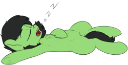 Size: 3031x1542 | Tagged: safe, artist:smoldix, imported from derpibooru, oc, oc only, oc:filly anon, earth pony, pony, armpits, belly button, chest fluff, eyes closed, female, filly, lying down, onomatopoeia, open mouth, simple background, sleeping, solo, sound effects, transparent background, underhoof, zzz