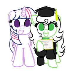 Size: 1788x1820 | Tagged: safe, artist:redcrow32, imported from derpibooru, twilight sparkle, oc, oc:filly anon, alicorn, earth pony, pony, diploma, female, filly, graduation, graduation cap, hat, hoof hold, horn, lineart, looking at you, older, simple background, smiling, twilight sparkle (alicorn), white background