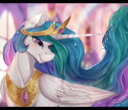 Size: 2000x1720 | Tagged: safe, artist:riukime, artist:rottengotika, deleted from derpibooru, imported from derpibooru, princess celestia, blurred background, blurry background, canon, collaboration, digital painting, flowing mane, full background, improved jewelry, my queen, pretty eyes, so magical!, solo