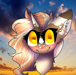 Size: 800x796 | Tagged: safe, anonymous artist, imported from derpibooru, oc, oc only, oc:spotty lionmane, pony, unicorn, blushing, bust, chest fluff, colored pupils, eyelashes, female, horn, looking at you, mare, signature, smiling, solo, spots, two toned mane