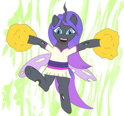 Size: 1503x1404 | Tagged: safe, artist:theyellowcoat, imported from derpibooru, oc, oc only, oc:viciz, changeling, bipedal, changeling oc, cheer, cheerleader, cheerleader outfit, female, jumping, mare, pom pom, purple changeling, simple background, smiling