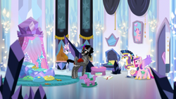 Size: 1280x720 | Tagged: safe, imported from derpibooru, screencap, king sombra, princess cadance, princess flurry heart, shining armor, pony, the beginning of the end, crystal empire, dark magic, hostage, magic