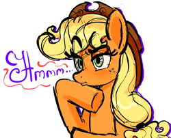 Size: 1238x1000 | Tagged: safe, artist:littmosa, imported from derpibooru, applejack, earth pony, pony, applejack's hat, cowboy hat, female, freckles, hat, hmm, mare, simple background, solo, thinking, white background