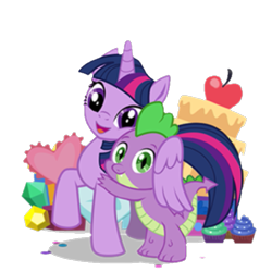 Size: 641x641 | Tagged: safe, imported from derpibooru, spike, twilight sparkle, alicorn, dragon, pony, apple, cake, cupcake, cute, food, gameloft, gem, hug, simple background, transparent background, twilight sparkle (alicorn), winged spike, winghug, wings