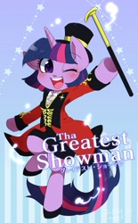 Size: 1148x1852 | Tagged: safe, artist:potetecyu_to, imported from derpibooru, twilight sparkle, pony, female, mare, one eye closed, ponified, solo, the greatest showman, wand, wink