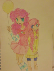 Size: 700x933 | Tagged: safe, artist:laceymod, imported from derpibooru, fluttershy, pinkie pie, human, balloon, clothes, female, human female, humanized, traditional art