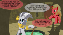 Size: 1280x720 | Tagged: safe, artist:curiousglaistig, imported from derpibooru, zecora, oc, oc:pun, earth pony, pony, zebra, ask pun, ask, cauldron, female, mare