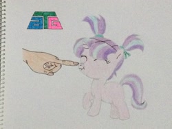 Size: 3264x2448 | Tagged: safe, artist:don2602, imported from derpibooru, starlight glimmer, pony, unicorn, boop, cute, eyes closed, female, filly, filly starlight glimmer, glimmerbetes, hand, newbie artist training grounds, pigtails, raised hoof, scrunchy face, solo, younger