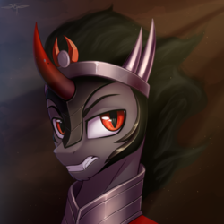 Size: 3000x3000 | Tagged: safe, artist:setharu, imported from derpibooru, king sombra, pony, unicorn, bust, colored horn, commission, crepuscular rays, curved horn, high res, horn, male, portrait, solo, stallion