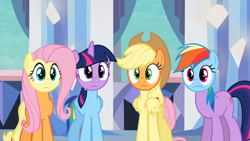 Size: 1024x576 | Tagged: safe, edit, edited screencap, imported from derpibooru, screencap, applejack, fluttershy, rainbow dash, twilight sparkle, alicorn, earth pony, pegasus, pony, the crystal empire, 1000 years in photoshop, body swap, head swap