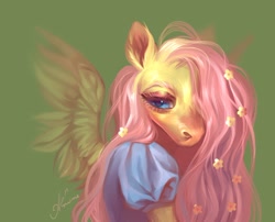 Size: 1280x1033 | Tagged: safe, artist:annyli4, imported from derpibooru, fluttershy, pegasus, pony, bust, clothes, ear fluff, female, flower, flower in hair, fluffy, green background, hair over one eye, hoers, mare, portrait, simple background, solo, uncanny valley, wings