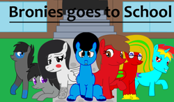 Size: 3048x1776 | Tagged: safe, artist:jamescider, imported from derpibooru, oc, oc only, oc:creamcake, oc:prince rainbow fire, oc:red smaragd, oc:shooter armstrong, oc:tempo cider, oc:toxic plunge, oc:trust moon, pony, comic:bronies go to school, afro, creamy cider, friendship, grammar error, opening theme