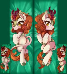 Size: 604x665 | Tagged: safe, artist:techycutie, imported from derpibooru, autumn blaze, kirin, pony, sounds of silence, awwtumn blaze, bedsheets, blushing, body pillow, body pillow design, butt, cute, female, kirinbetes, laying on bed, looking at you, lying down, lying on bed, on side, plot, side, smiling, solo, watermark