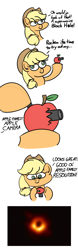 Size: 1000x3209 | Tagged: safe, artist:ashtoneer, imported from derpibooru, applejack, earth pony, pony, apple, black hole, camera, comic, dialogue, female, food, hoof hold, mare, messier 87, quality, simple background, solo, white background