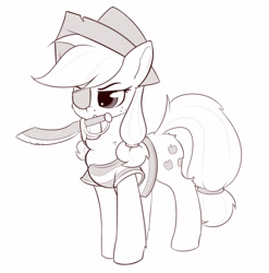 Size: 2634x2664 | Tagged: source needed, safe, artist:anti1mozg, imported from derpibooru, applejack, earth pony, pony, eyepatch, female, hat, mare, monochrome, mouth hold, pirate, pirate hat, simple background, sketch, solo, sword, weapon, white background