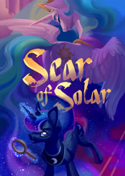 Size: 2894x4093 | Tagged: safe, artist:gashiboka, artist:holivi, imported from derpibooru, princess celestia, princess luna, alicorn, pony, comic:scar of solar, comic cover, commission, cover art, crown, eyes closed, female, jewelry, looking at you, magnifying glass, mare, peytral, regalia, royal sisters