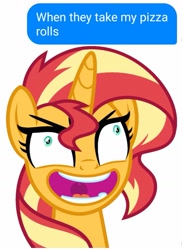 Size: 945x1297 | Tagged: safe, artist:orin331, imported from derpibooru, sunset shimmer, pony, unicorn, equestria girls, facebook, female, meme, messenger, pizza rolls, snapset shimmer, solo