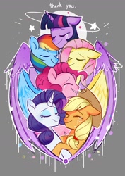 Size: 1240x1754 | Tagged: safe, artist:pinweena30, derpibooru exclusive, imported from derpibooru, applejack, fluttershy, pinkie pie, rainbow dash, rarity, twilight sparkle, alicorn, earth pony, pegasus, pony, unicorn, circling stars, cowboy hat, crying, cute, dashabetes, diapinkes, end of ponies, eyes closed, female, happy, hat, hug, jackabetes, magic, mane six, raribetes, sad, shyabetes, smiling, stars, tears of joy, thank you, twiabetes, twilight sparkle (alicorn), winghug, wings