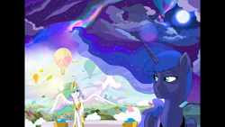 Size: 1920x1080 | Tagged: safe, artist:ponyhiall, imported from derpibooru, princess celestia, princess luna, pony, aurora borealis, cloud, confetti, day, female, horizon, hot air balloon, moon, night, ponyville, sisters, sky, stars, sun, watch