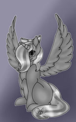 Size: 600x967 | Tagged: safe, artist:mtfoxx3-fan, imported from derpibooru, oc, oc:fleurbelle, alicorn, pony, adorabelle, alicorn oc, bow, cute, female, grayscale, hair bow, hair over one eye, happy, long hair, long mane, long tail, mare, monochrome, ocbetes, ribbon, smiling, sweet