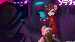 Size: 3840x2160 | Tagged: safe, artist:ciderpunk, imported from derpibooru, oc, oc:paladin, pony, cyberpunk, hologram