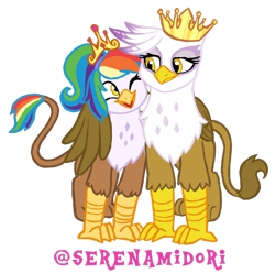 Size: 1280x1269 | Tagged: safe, artist:serenamidori, imported from derpibooru, gilda, oc, oc:rainbow feather, hippogriff, crown, cute, female, hug, interspecies offspring, jewelry, magical lesbian spawn, mother and daughter, next generation, offspring, parent:gilda, parent:rainbow dash, parents:gildash, regalia, tiara