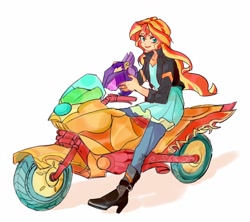 Size: 1024x910 | Tagged: safe, artist:keeerooooo1, imported from derpibooru, sunset shimmer, human, equestria girls, clothes, cute, female, helmet, jacket, leather jacket, motorcycle, motorcycle helmet, open mouth, shimmerbetes, simple background, solo, white background