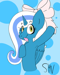 Size: 1600x2000 | Tagged: safe, artist:sketchsynergy, imported from derpibooru, oc, oc:fleurbelle, alicorn, pony, :p, adorabelle, alicorn oc, armpits, bow, cute, female, hair bow, happy, hooves, long hair, long mane, mare, ocbetes, ribbon, silly, sweet, tongue out, yellow eyes