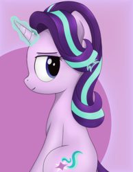 Size: 898x1160 | Tagged: safe, artist:noosa, imported from derpibooru, starlight glimmer, pony, unicorn, abstract background, cute, female, glimmerbetes, hair flick, lidded eyes, looking at you, looking back, looking back at you, magic, mare, profile, side view, simple background, smiling, smirk, solo